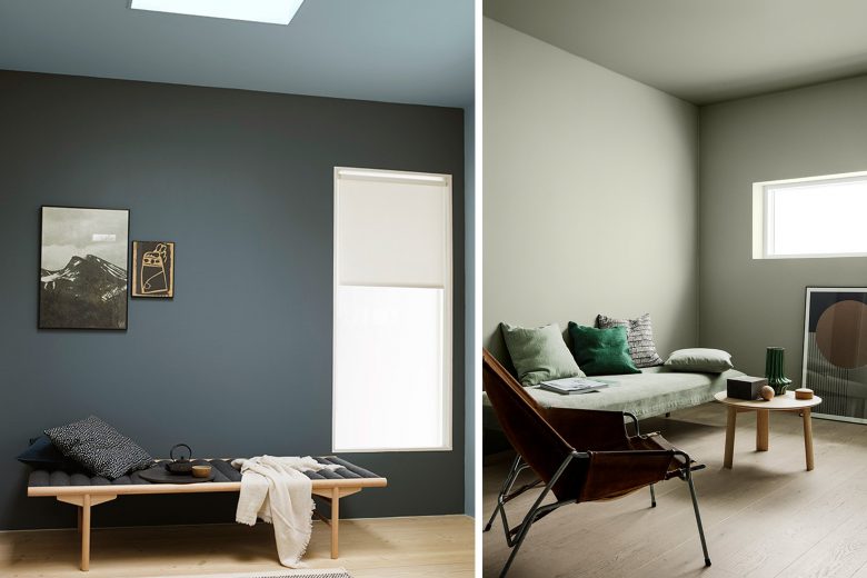 Här har Jotun använt sin färg LADY. Till vänster är taket ljusare än väggen, och till höger är det samma färg på väggar som tak.