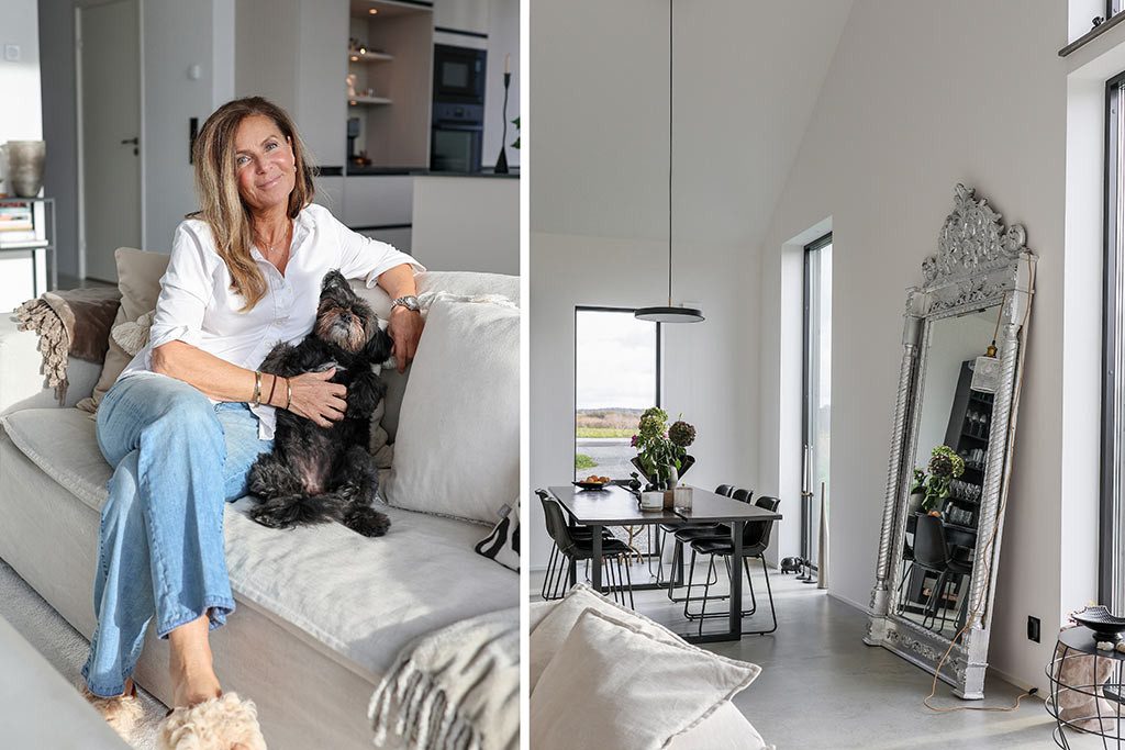 Husägaren och hund i soffan