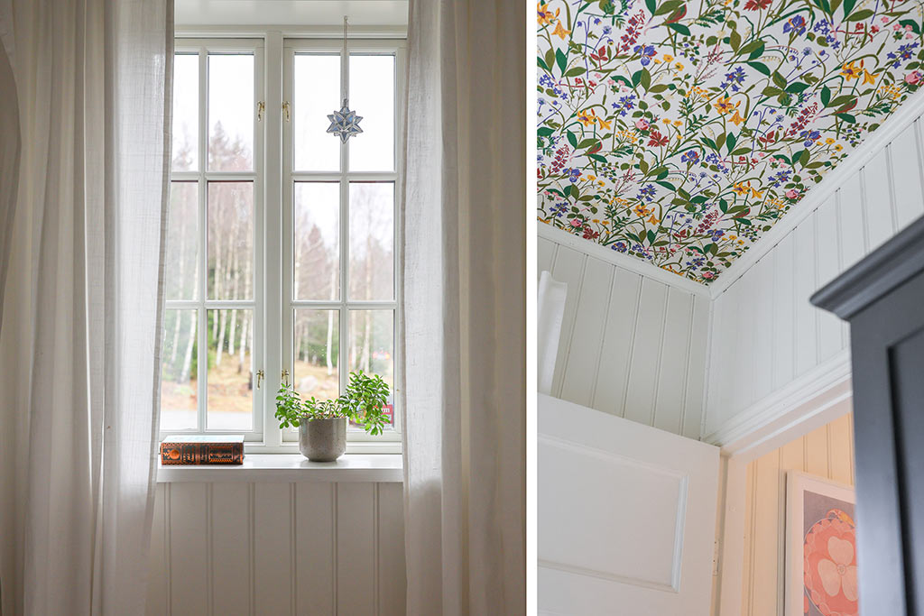 Detalbild och tapetserat tak