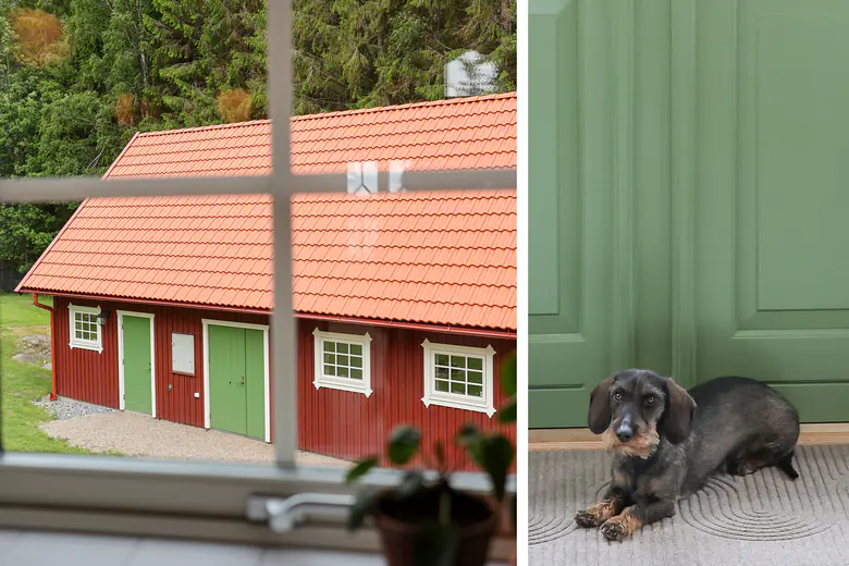 Falurött garage i lantlig stil